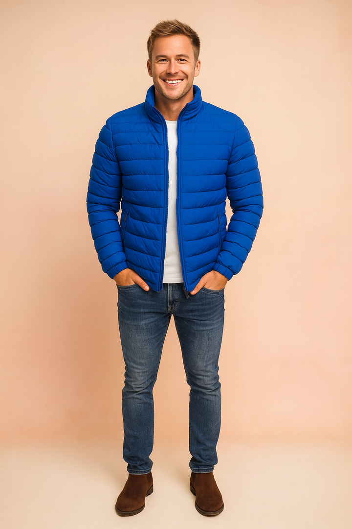 Men's black quilted puffer jacket with hood, designed for extreme winter warmth & cold weather protection.