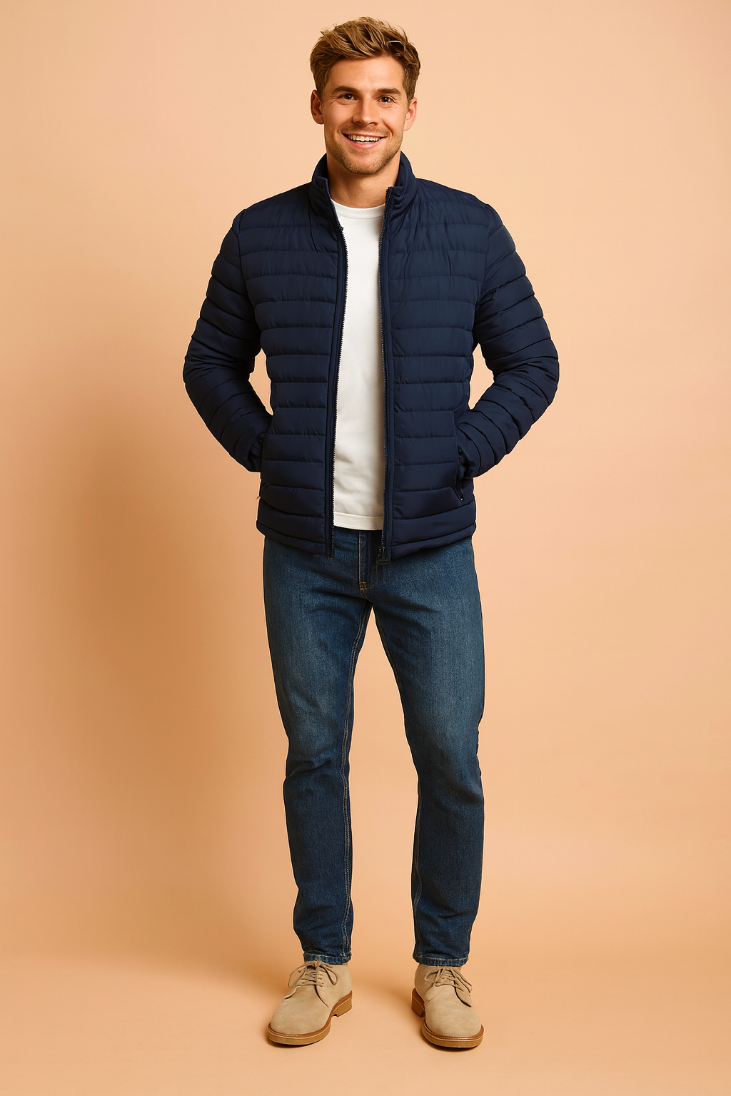 Warm men's quilted puffer jacket, essential cold weather wear. Hooded for extreme winter protection & casual style.