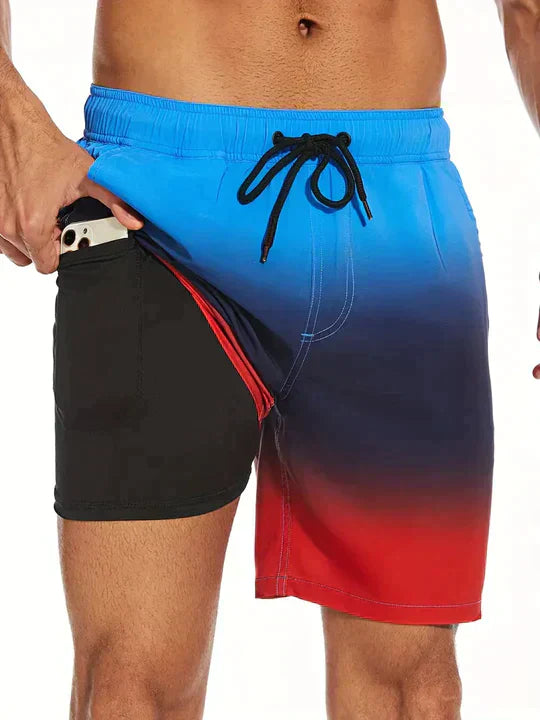 Men's vibrant geometric print drawstring swim shorts. Essential men's beachwear for tropical vacations.