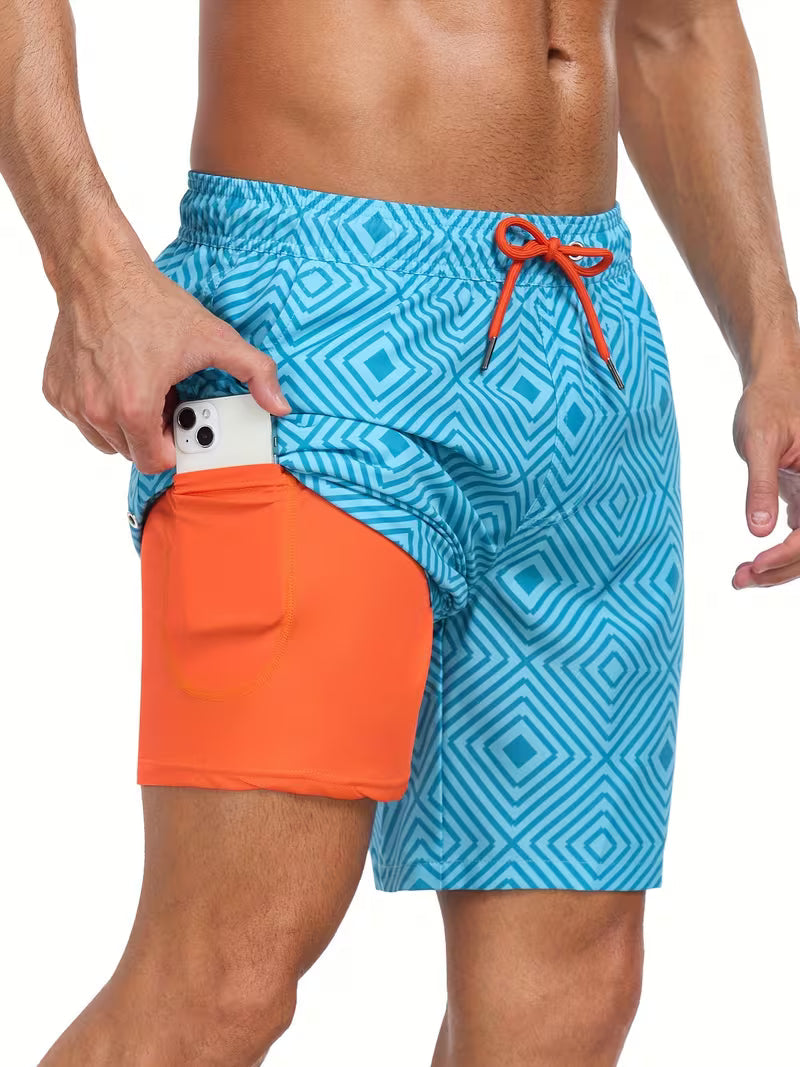 Men's multi-color printed drawstring swim shorts, offering ultimate comfort for summer activities and beach trips.