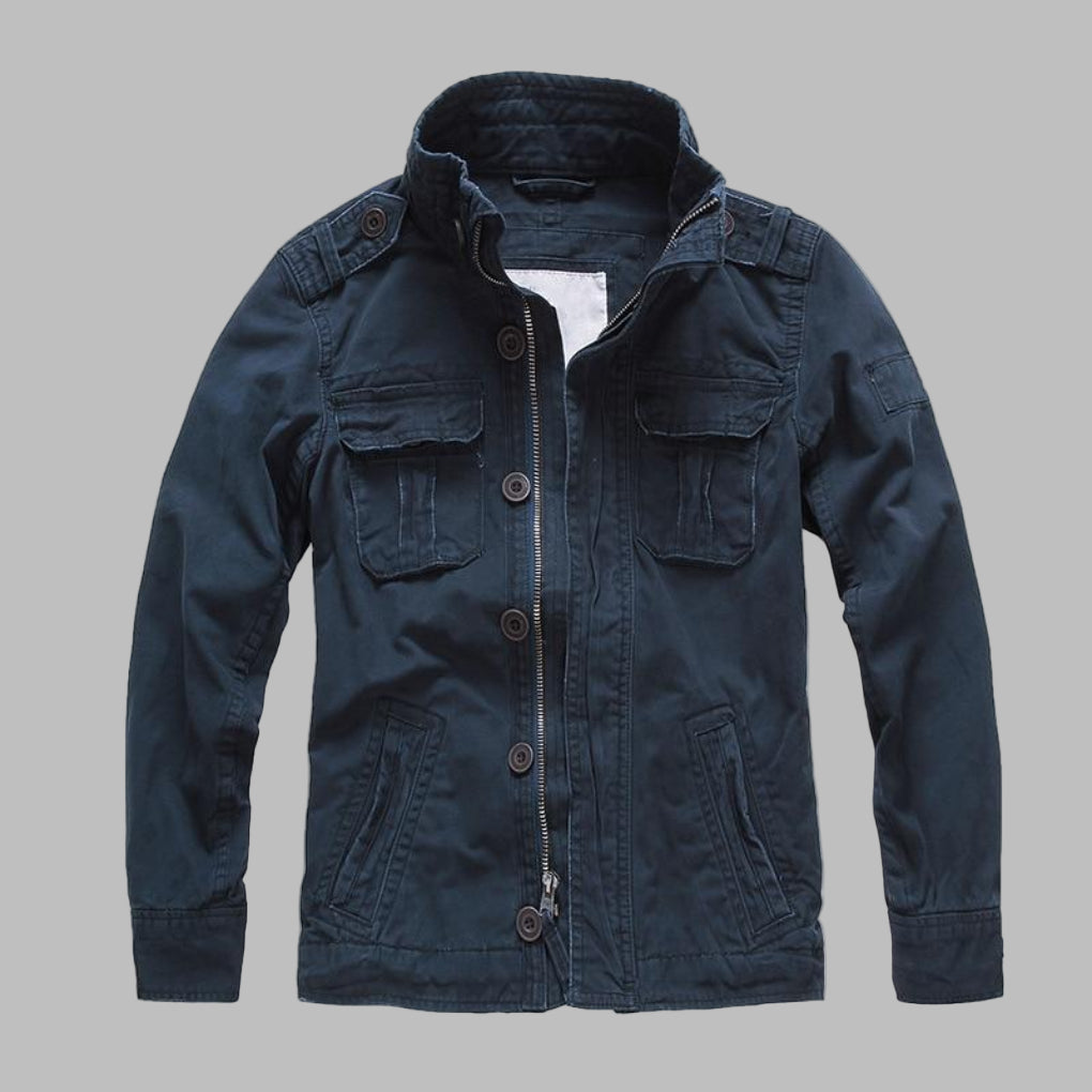Durable men's custom-fit camouflage spring jacket. A versatile military style outerwear piece for rugged fashion.