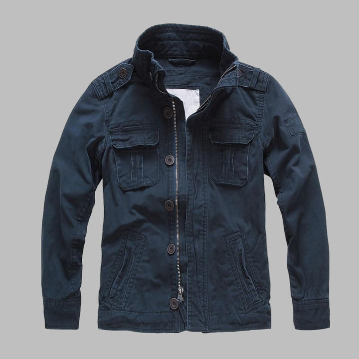 Durable men's custom-fit camouflage spring jacket. A versatile military style outerwear piece for rugged fashion.