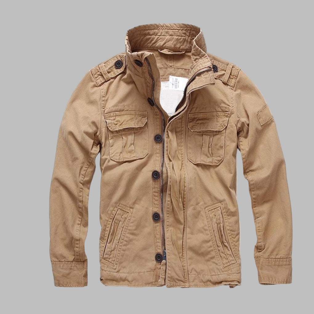 Rugged men's camouflage spring jacket. A durable military-style outerwear piece perfect for versatile casual fashion.