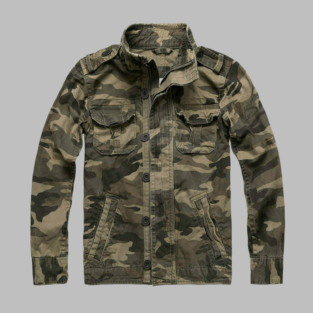 Men's durable camouflage military jacket featuring a stand collar. Perfect casual outerwear for spring & outdoor adventures.