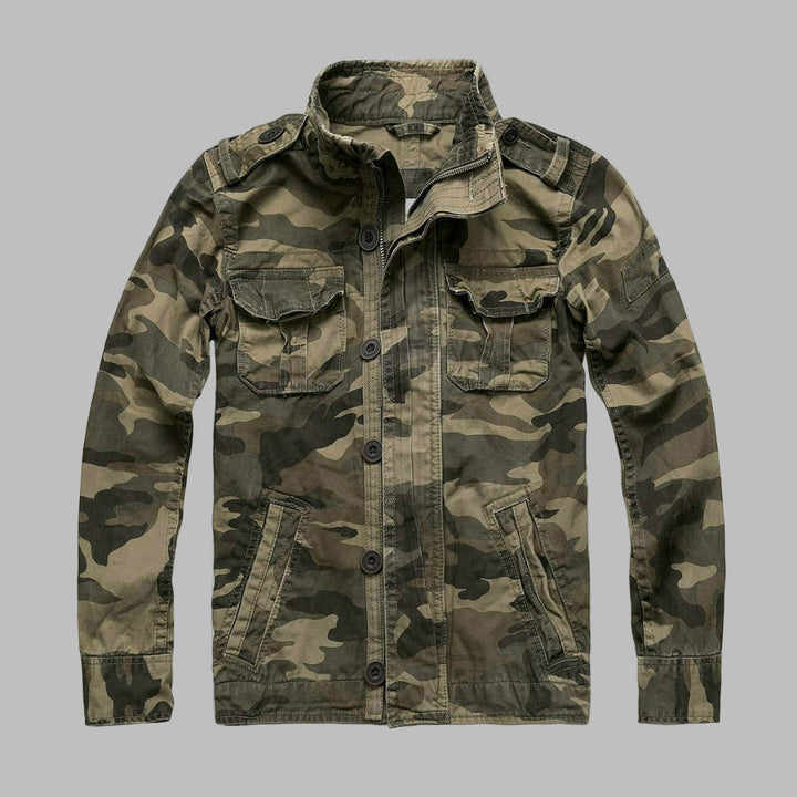 Men's durable camouflage military jacket featuring a stand collar. Perfect casual outerwear for spring & outdoor adventures.