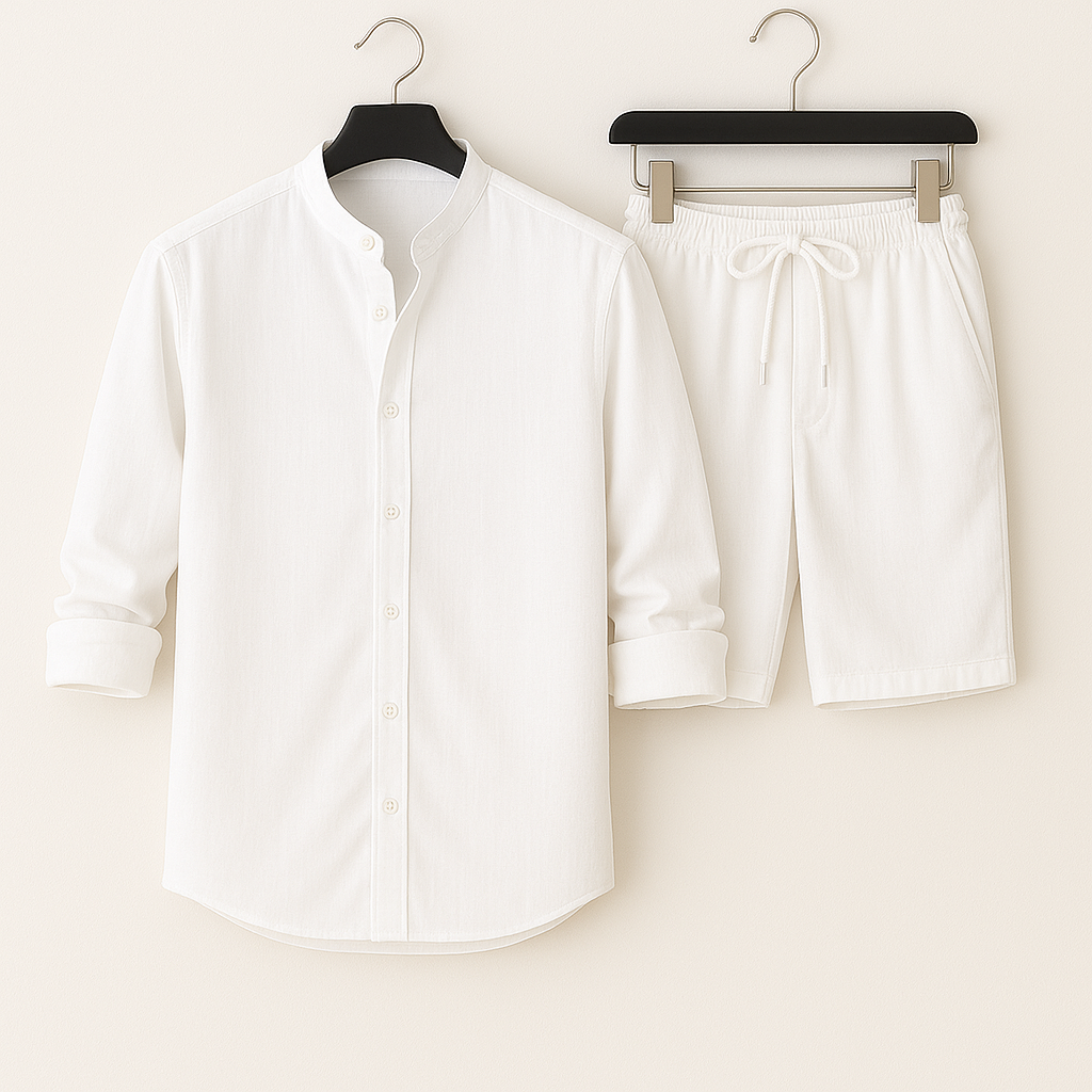 Men's casual blue summer shirt & shorts matching set. Relaxed fit two-piece outfit, perfect for warm weather.