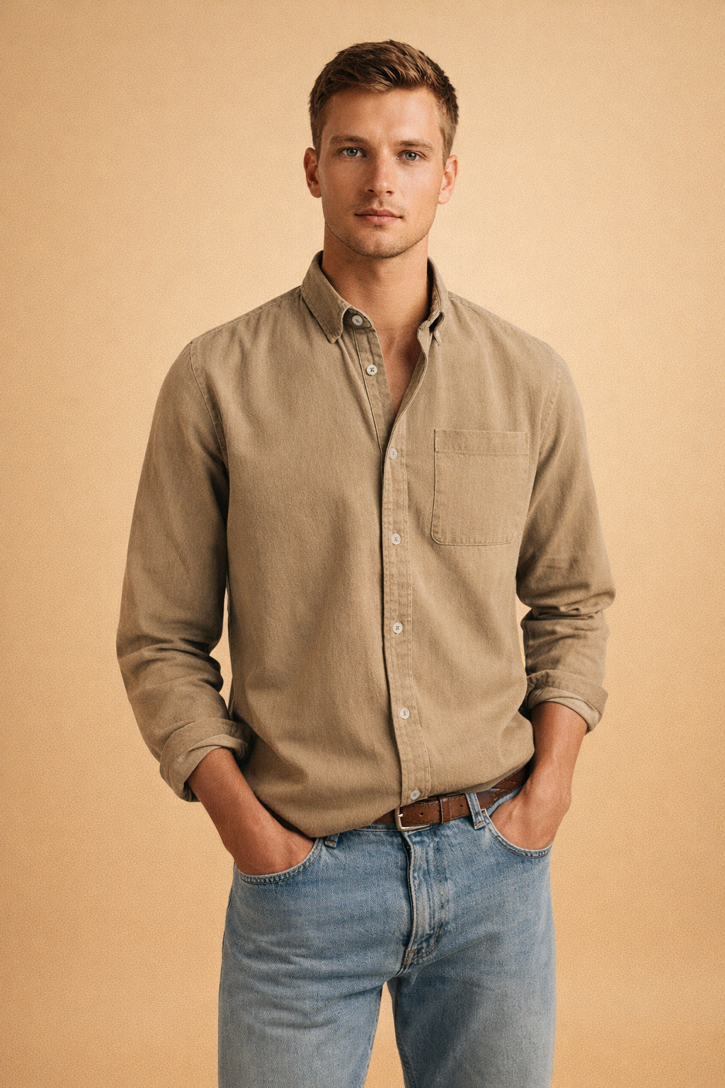 Stylish men's long-sleeve button-down shirt with chest pocket. Perfect smart casual wear for modern everyday style.