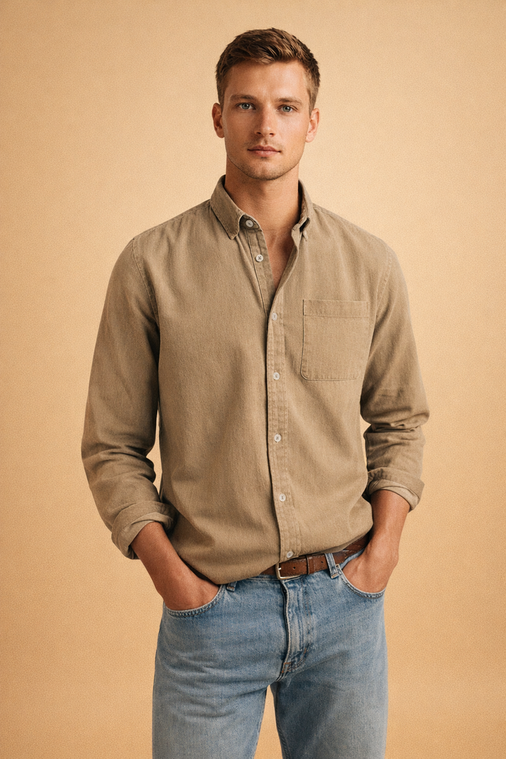Stylish men's long-sleeve button-down shirt with chest pocket. Perfect smart casual wear for modern everyday style.