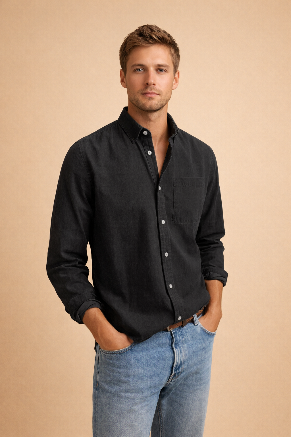 Comfortable men's classic fit long-sleeve button-down shirt. Ideal for smart casual everyday style, stylish looks.