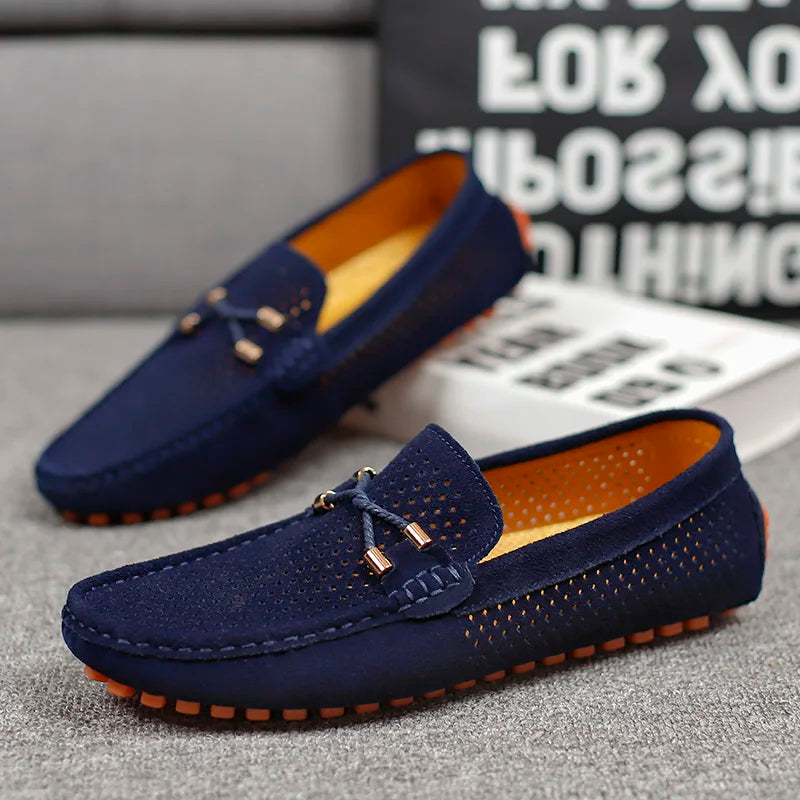Navy men's slip-on loafers. Comfortable casual footwear, perfect for a smart casual look and everyday wear.