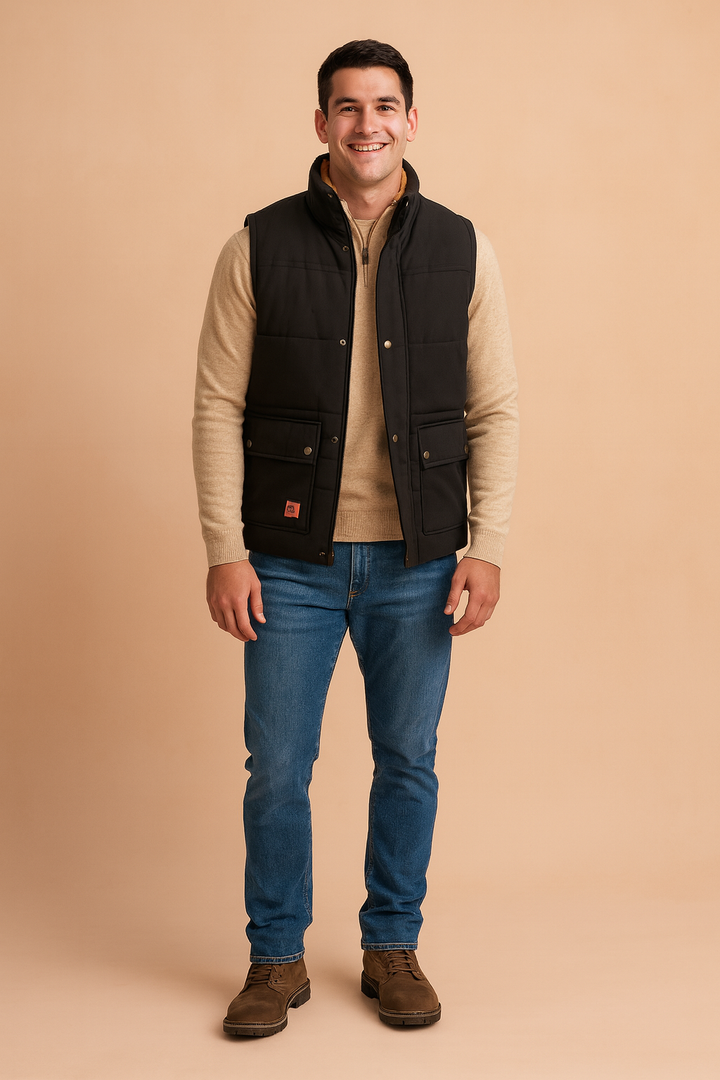 Men's casual snap button utility vest with sherpa lining, perfect for outdoor wear & layered fashion.
