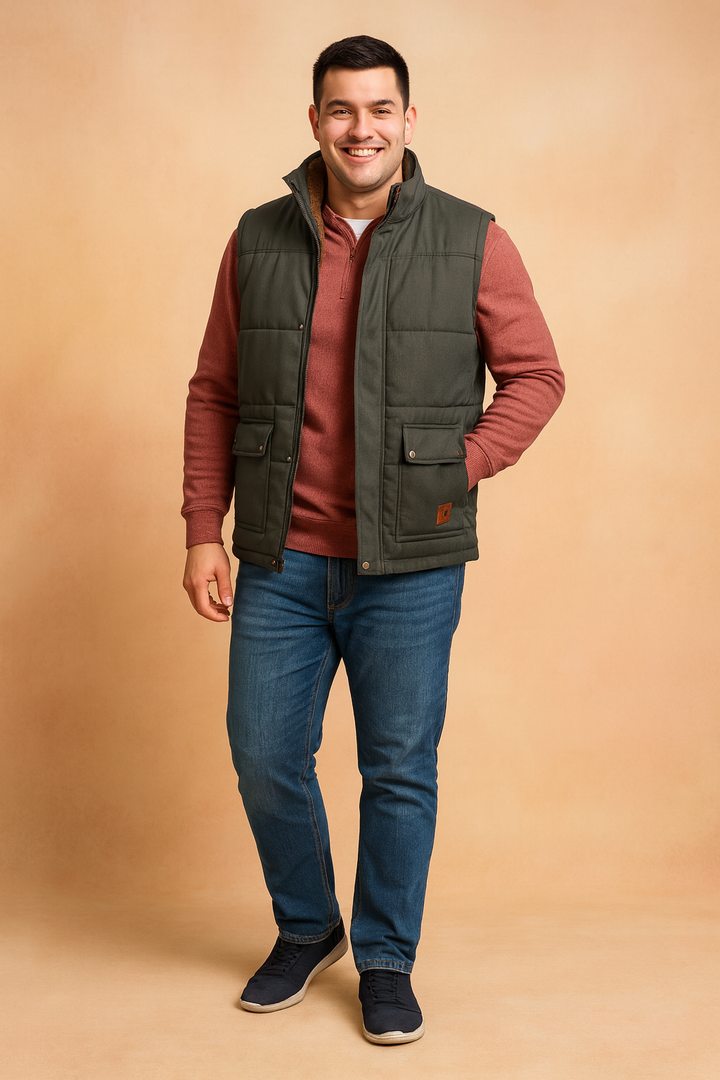 Stylish men's utility vest with snap buttons & sherpa lining. A versatile casual sleeveless jacket for layered outfits.