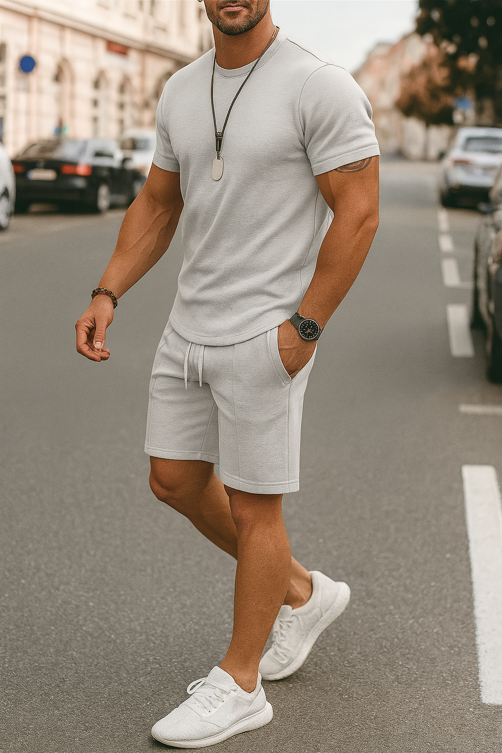 Coordinated men's summer loungewear set with a comfy t-shirt and elastic-waist shorts for ultimate comfort.