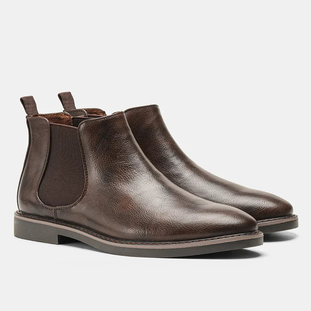 Men's comfortable light brown Chelsea boots. Easy slip-on design for all-day wear and everyday comfort.
