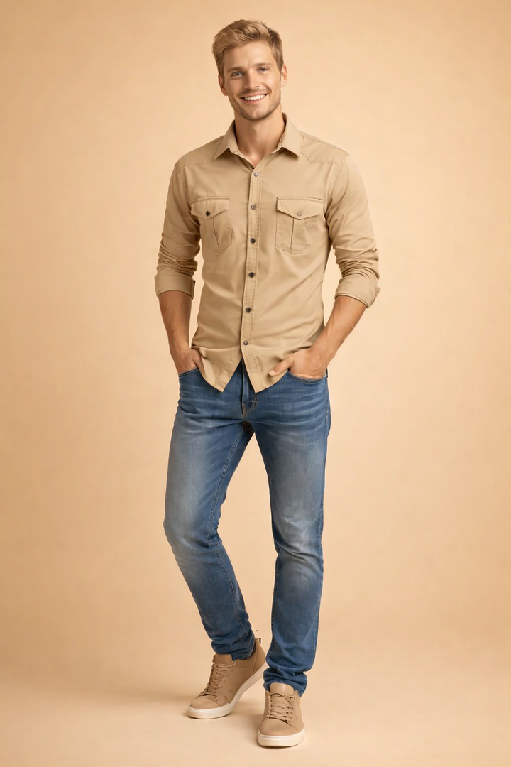 Stylish gray men's classic button-down shirt. Long sleeve top, perfect for men's fashion everyday wear.