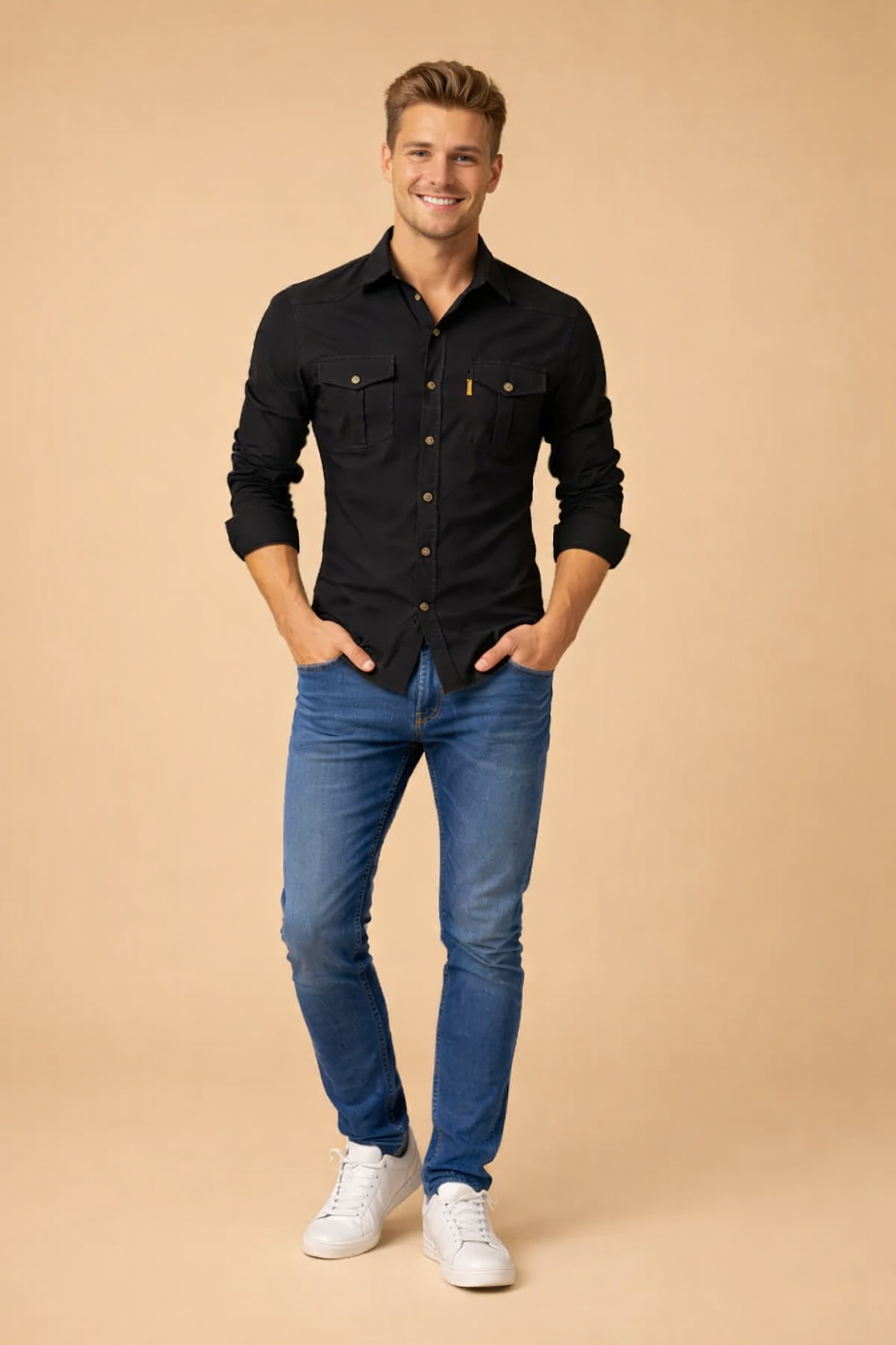 Classic blue men's button-down shirt. Long sleeve everyday top for men's fashion. Casual or formal style.
