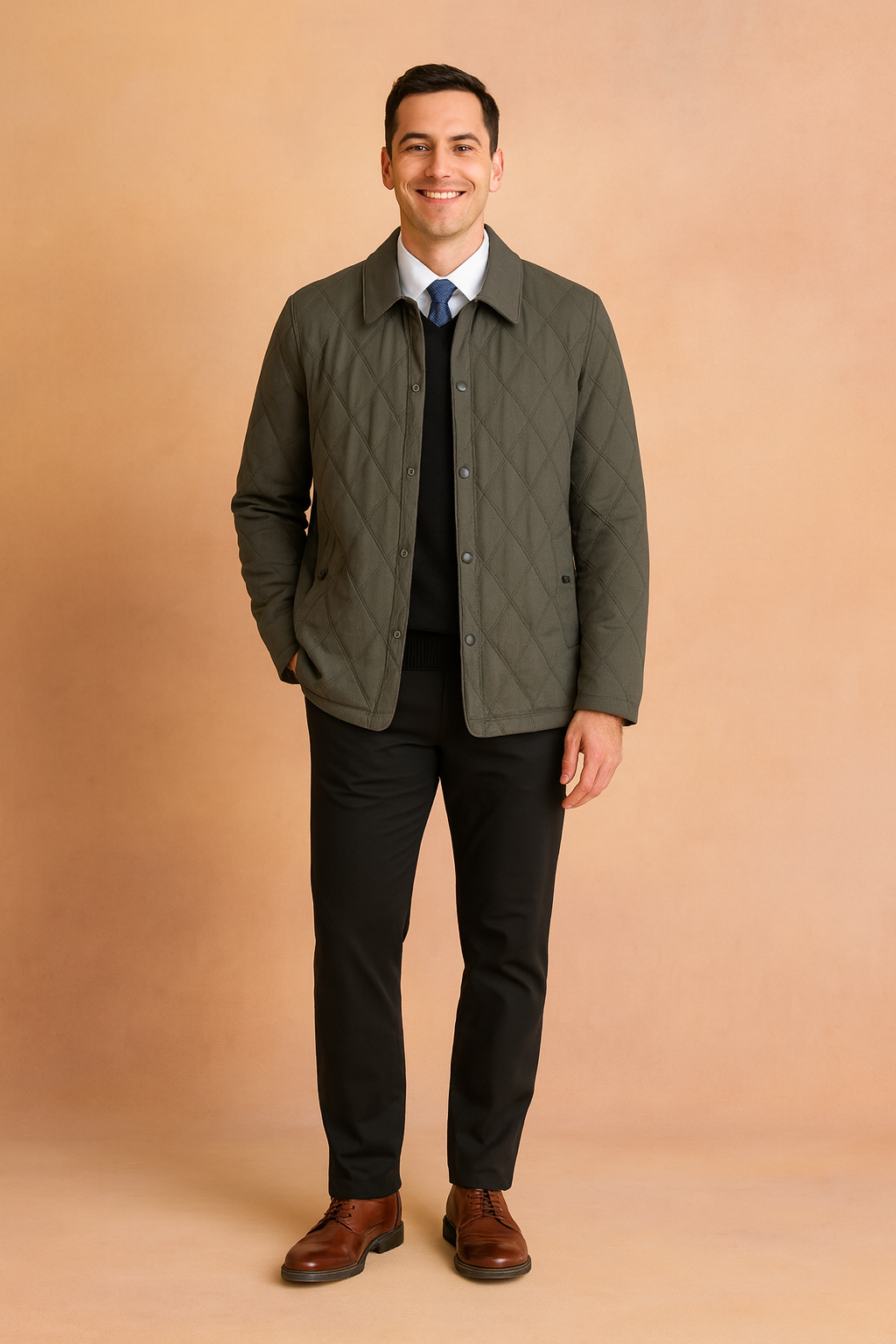 Men's classic diamond quilted winter jacket with button closure, perfect for cold weather casual outerwear.