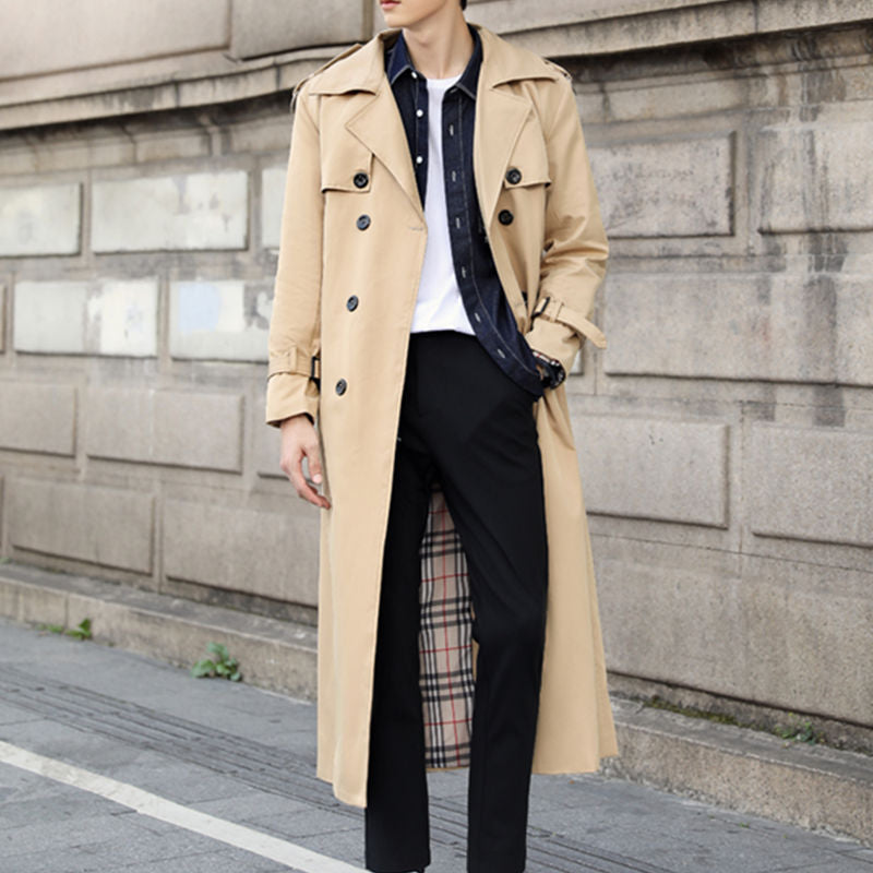 Men's classic double-breasted long trench coat, sophisticated fall & winter outerwear for timeless style.