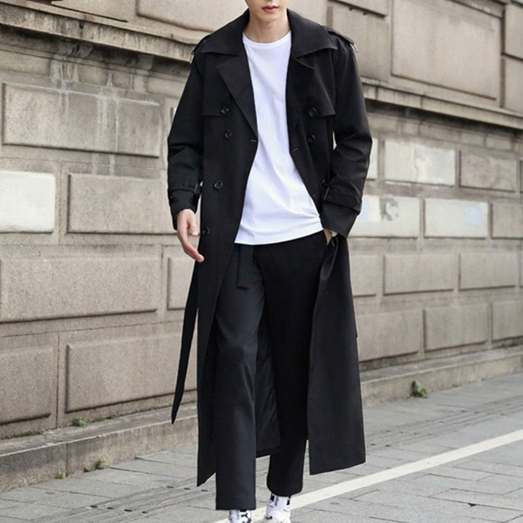 Sophisticated men's classic long trench coat, double-breasted design for timeless fall & winter fashion.