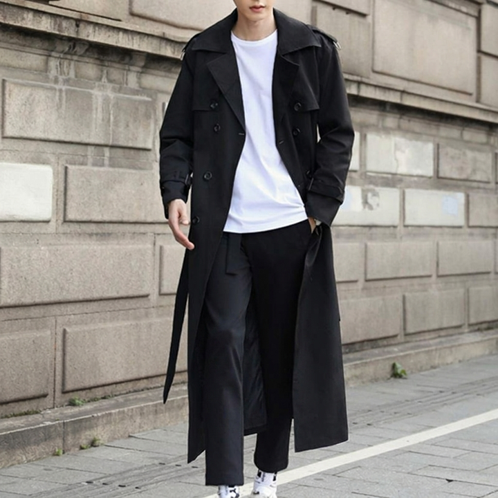 Sophisticated men's classic long trench coat, double-breasted design for timeless fall & winter fashion.