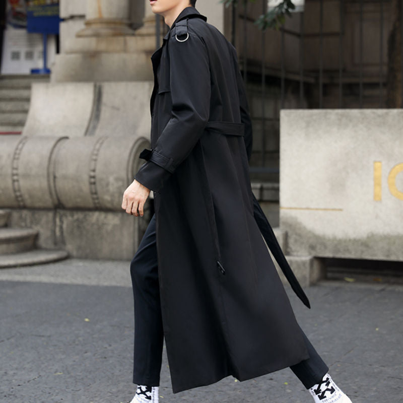Versatile men's classic double-breasted long trench coat, perfect sophisticated outerwear for any season.