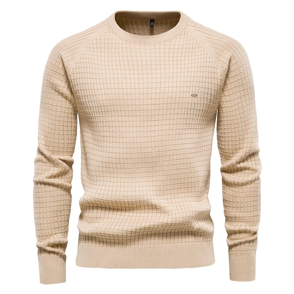 Detail of ribbed crewneck & cuffs on a stylish men's everyday jumper. Timeless comfort & quality pullover.