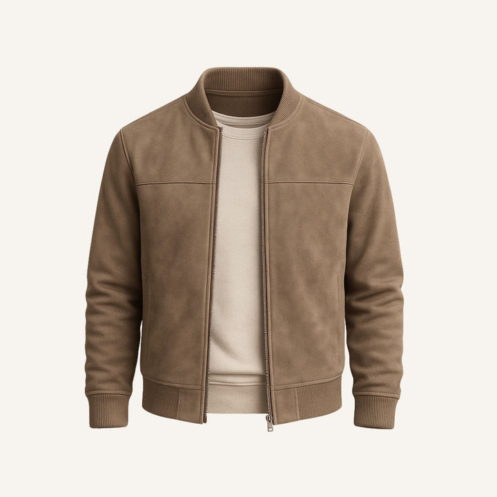 Stylish men's zip-up suede bomber jacket, versatile for fall & winter. Features ribbed cuffs.