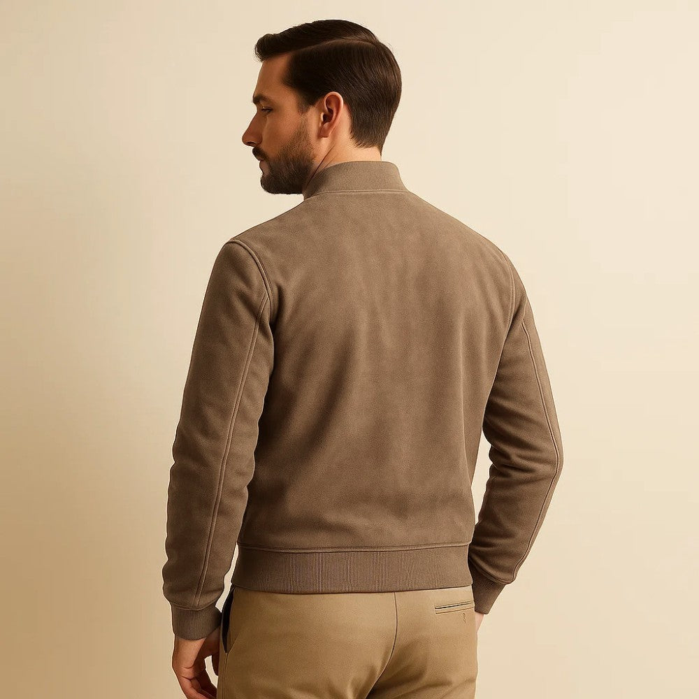 Classic men's suede bomber jacket, zip-up design, and ribbed cuffs. Essential stylish outerwear.