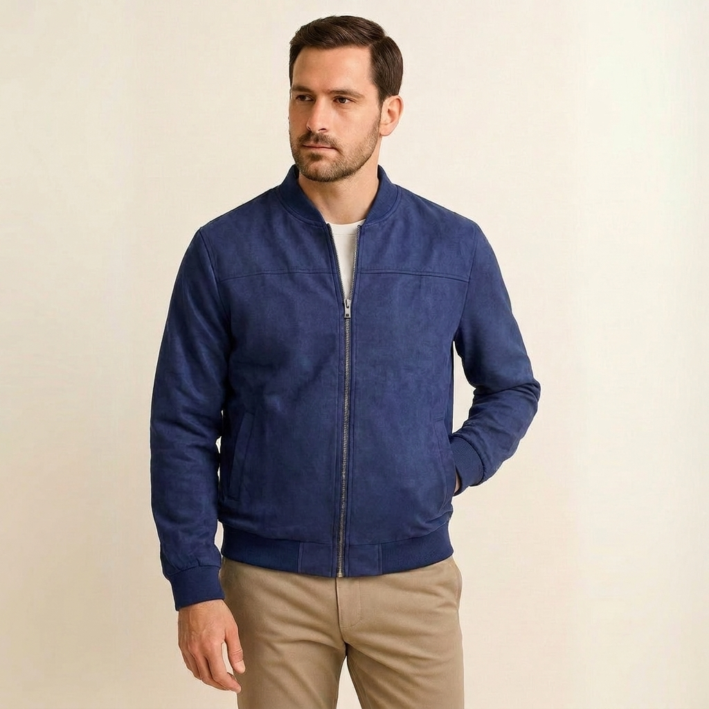 Elegant men's suede zip-up jacket in a classic fit with comfortable ribbed cuffs. Casual & versatile.