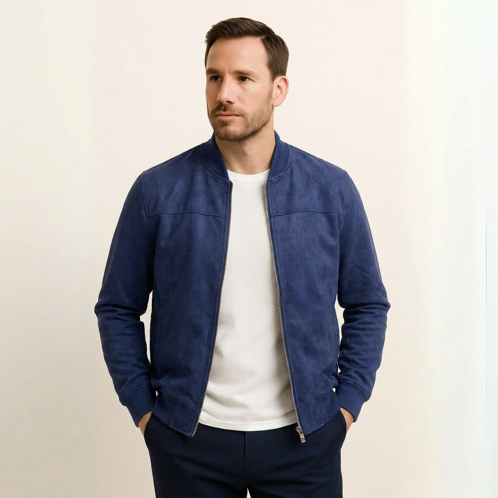 Modern men's suede bomber jacket, full zip, ribbed cuffs. A stylish and warm fall/winter option.