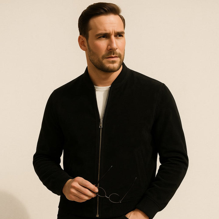 Men's versatile zip-up suede jacket, classic fit, featuring ribbed cuffs. Ideal casual outerwear.