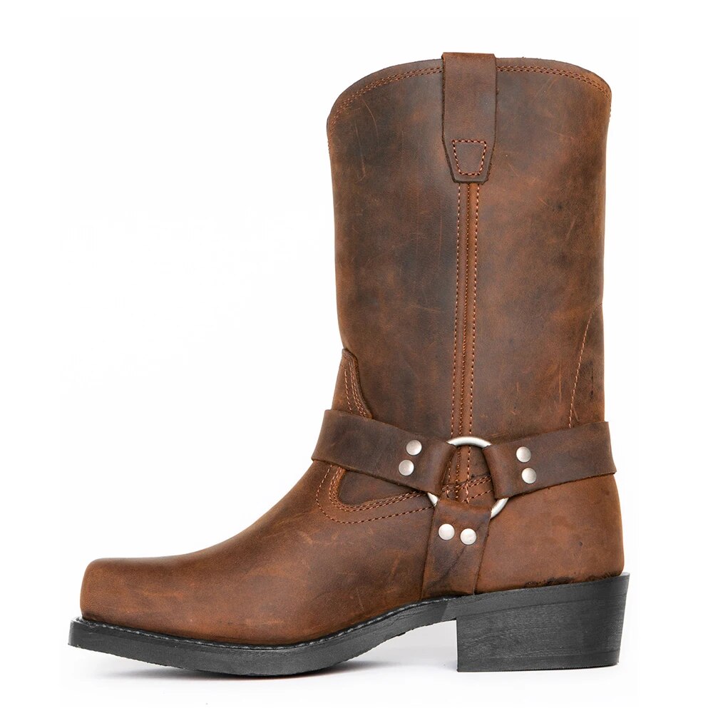 Men's classic harness style mid-calf cowboy boots in rugged brown leather for western fashion.