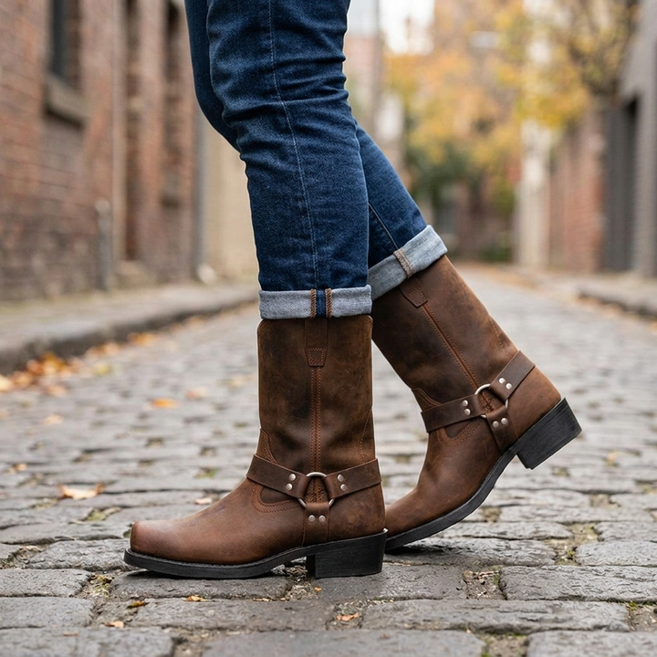 Durable men's pull-on mid-calf cowboy boots with harness detail, perfect for rugged western wear.