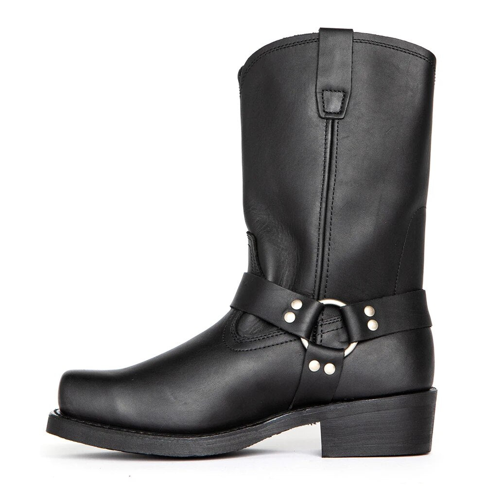 Stylish men's mid-calf harness cowboy boots made of genuine leather, featuring classic western design.