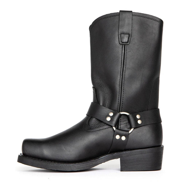 Stylish men's mid-calf harness cowboy boots made of genuine leather, featuring classic western design.