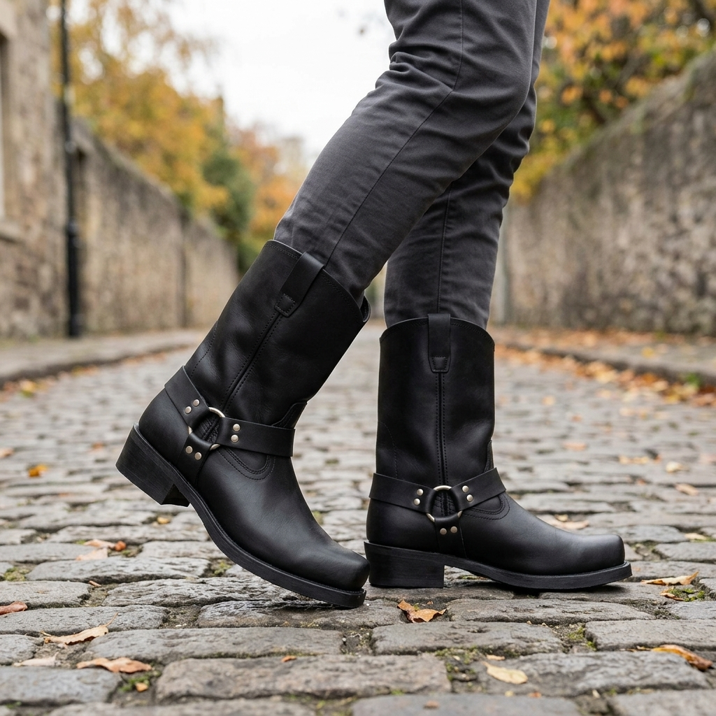 Rugged men's harness cowboy boots, mid-calf height, ideal for casual wear or western-themed events.