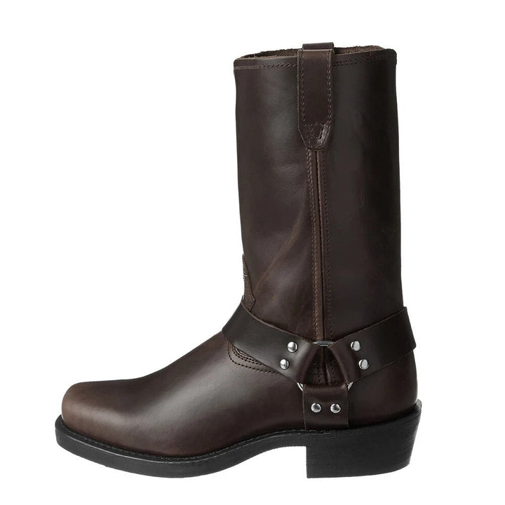 Close-up of men's mid-calf harness cowboy boots, showing leather texture and sturdy pull-on design.