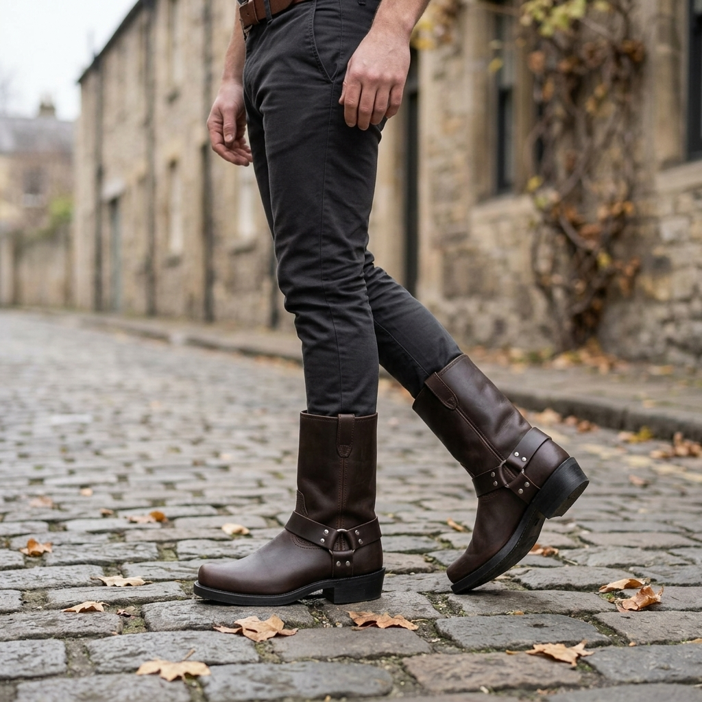 Men's elegant mid-calf harness cowboy boots, offering both comfort and classic western style.