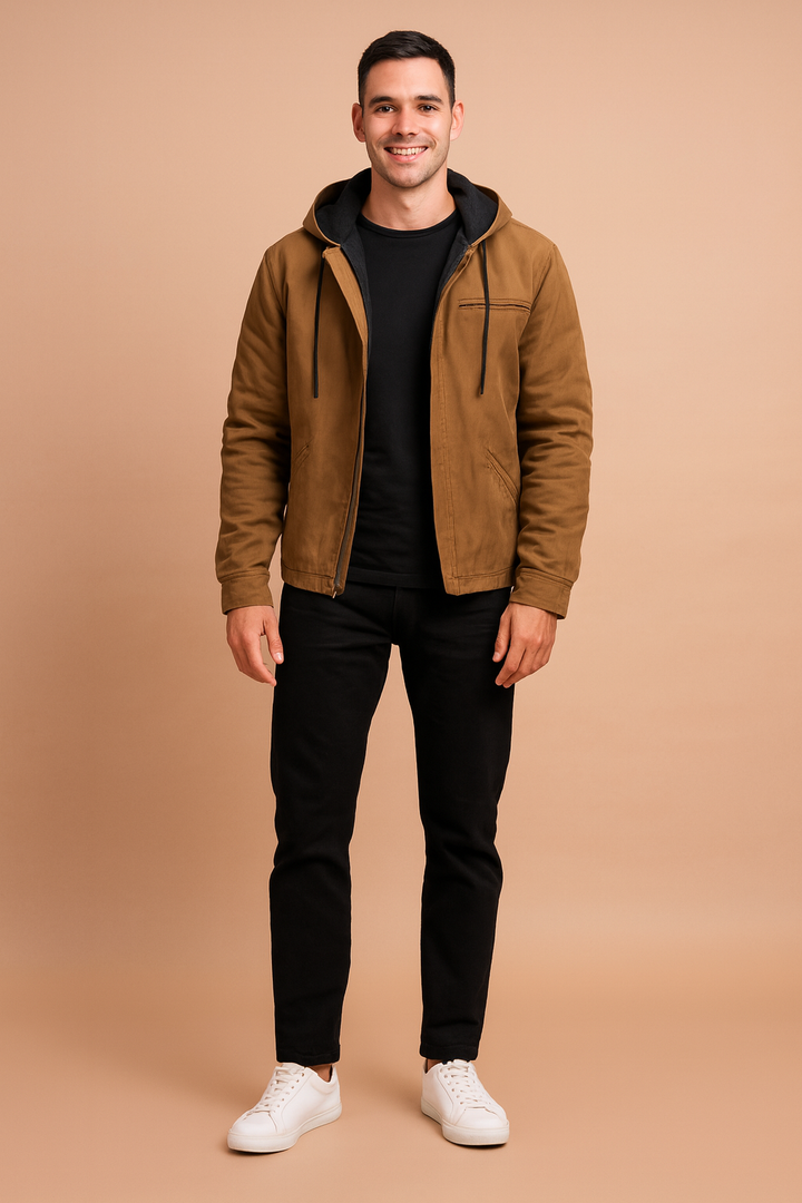 Men's classic hooded winter jacket for cold weather, casual outdoor wear, and everyday comfort.