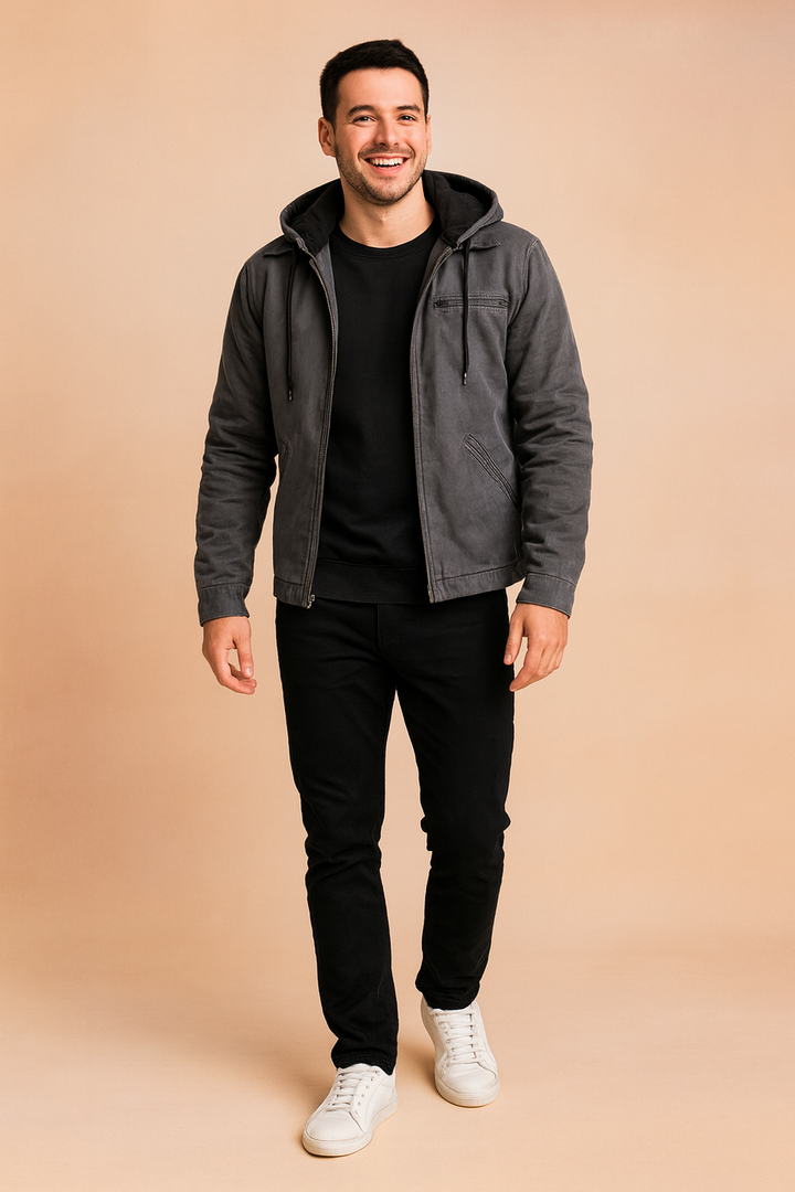 Classic men's hooded winter coat, versatile outerwear perfect for everyday style and cold weather.