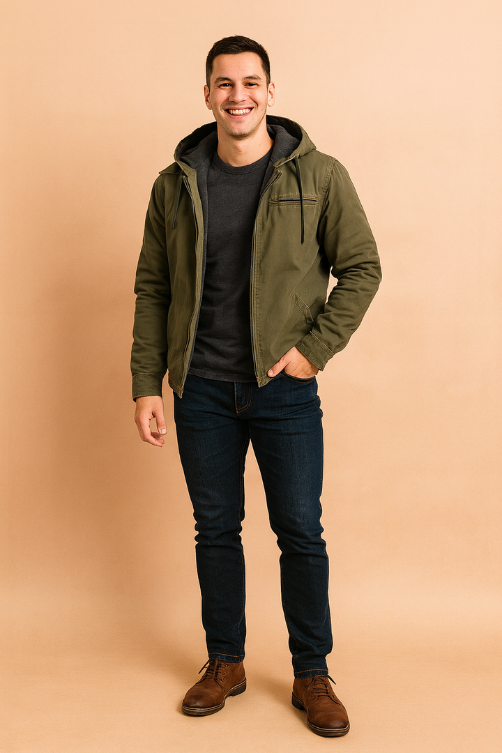 Warm men's hooded jacket with a classic design, ideal for winter outdoor activities and comfort.
