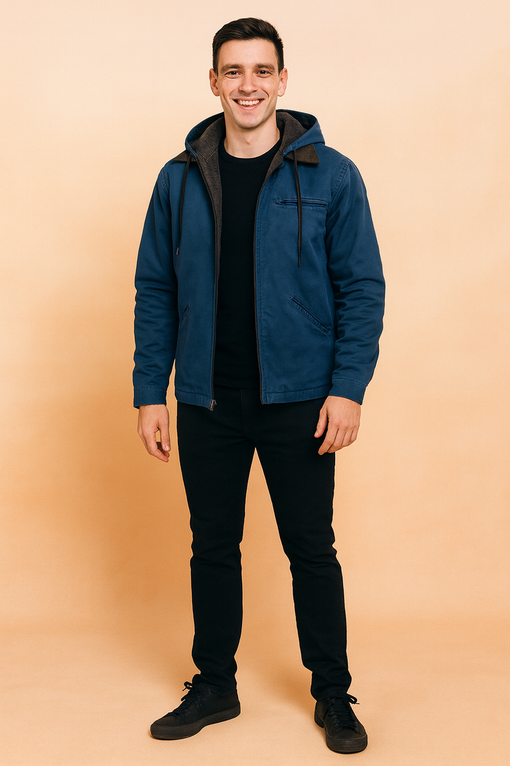 Comfortable men's hooded winter jacket, a classic piece of outerwear for everyday cold weather style.