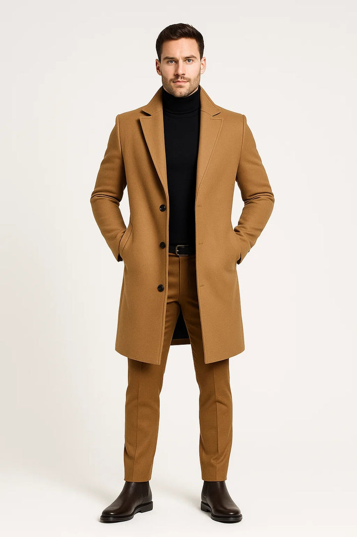 Men's classic lapel long winter coat for elegant warmth & style. Button closure, perfect for cold weather formal or casual wear.