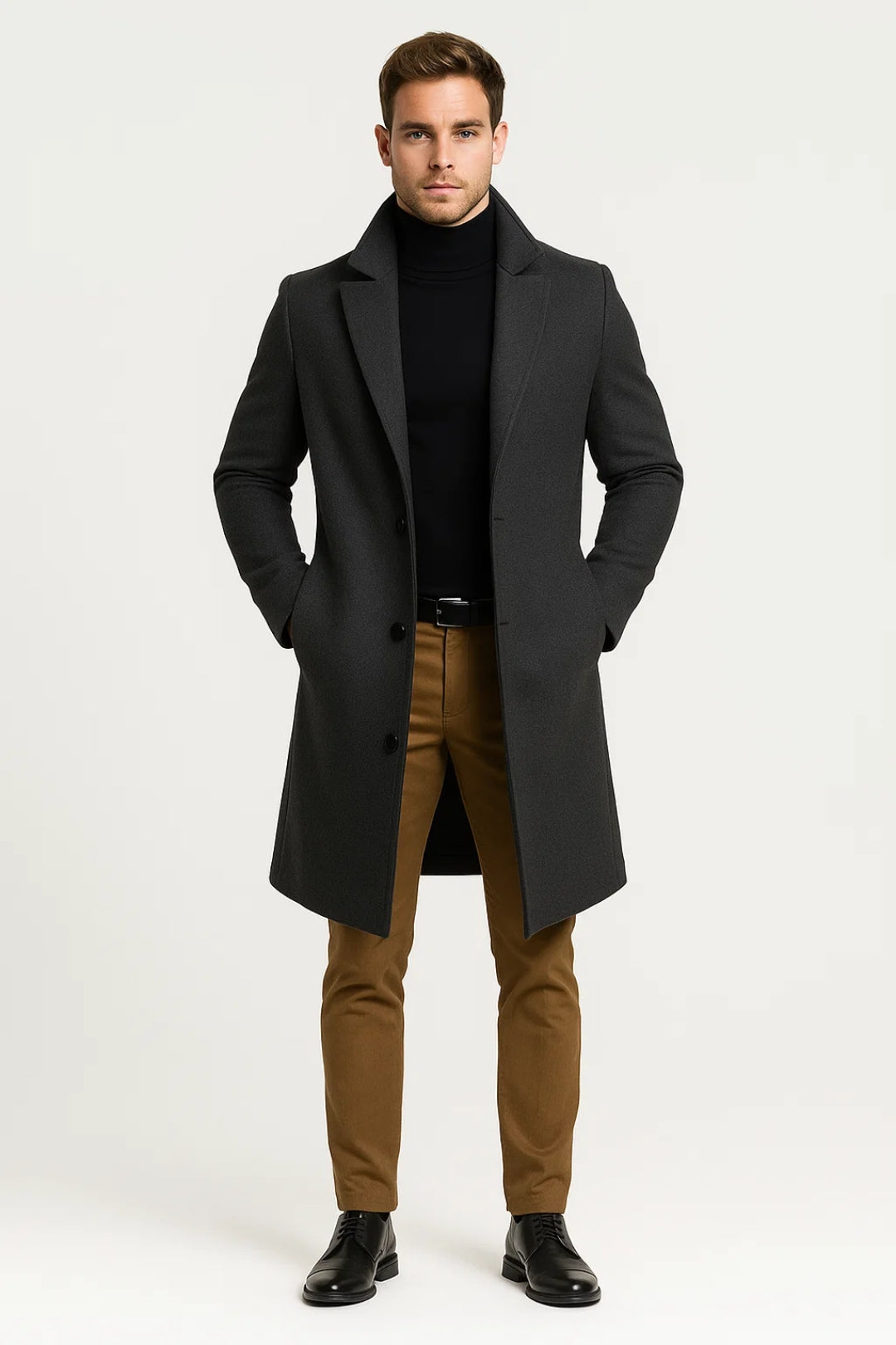 Men's formal long winter coat with classic lapel design. Button-up closure for stylish cold weather outerwear and warmth.