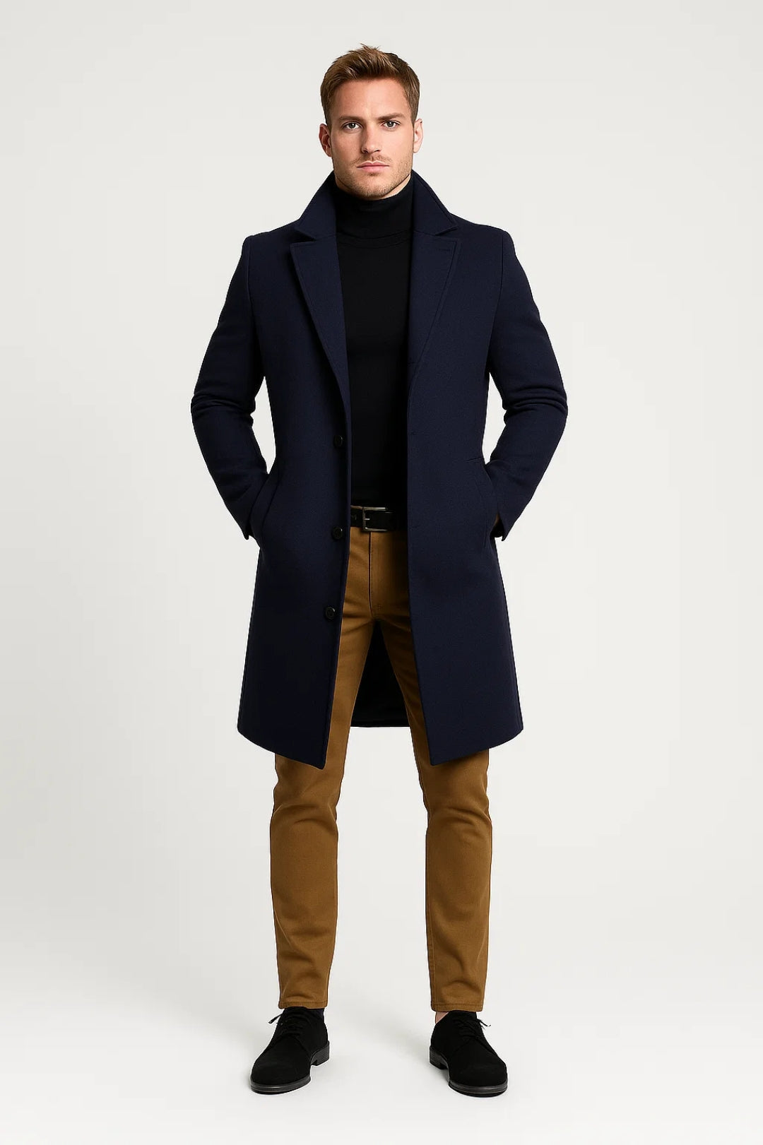 Classic men's long coat, a stylish lapel outerwear for winter. Button closure offers timeless men's fashion and warmth.
