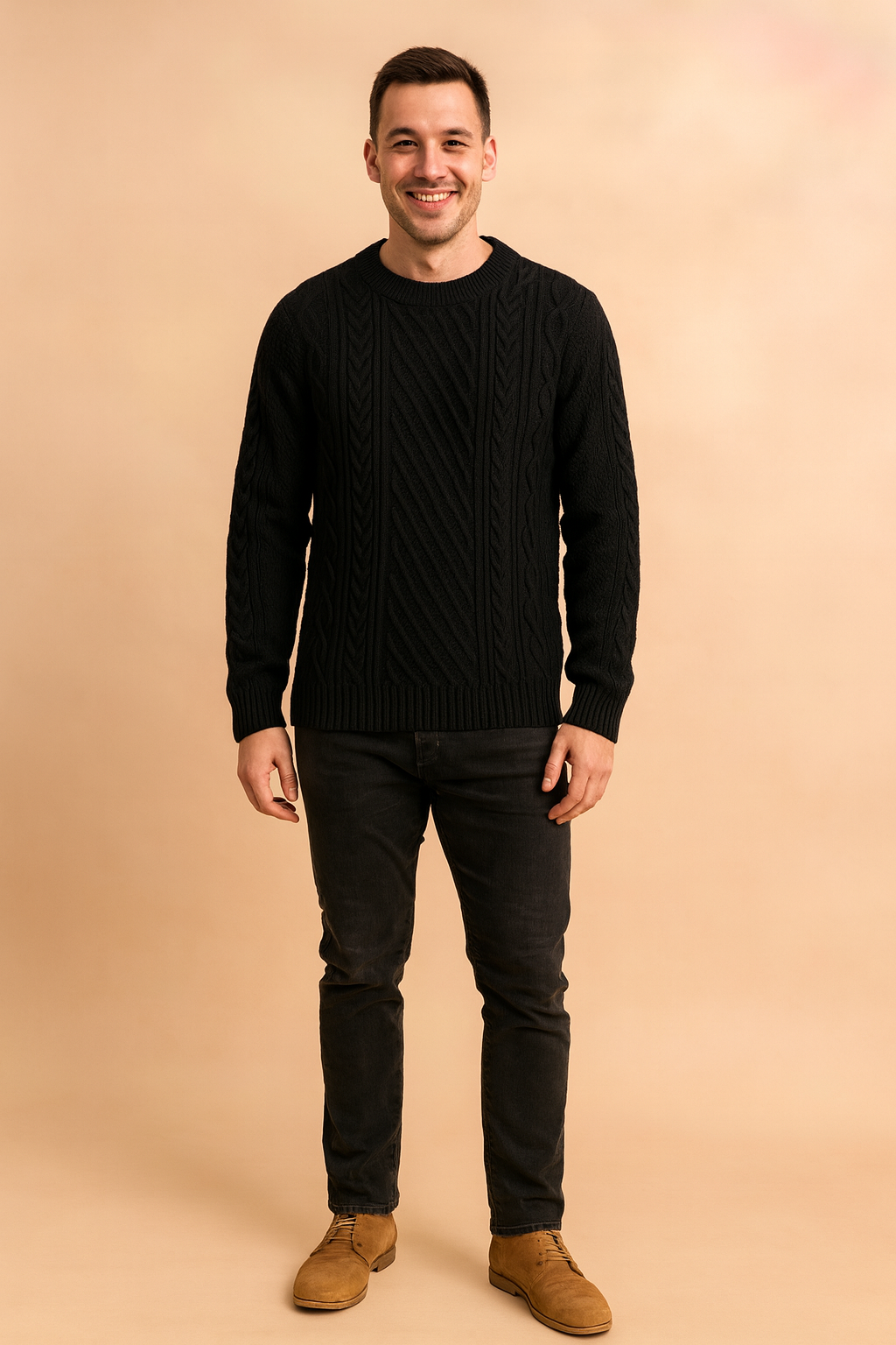 Men's classic long sleeve knit sweater in navy, perfect for timeless casual fashion and winter comfort.