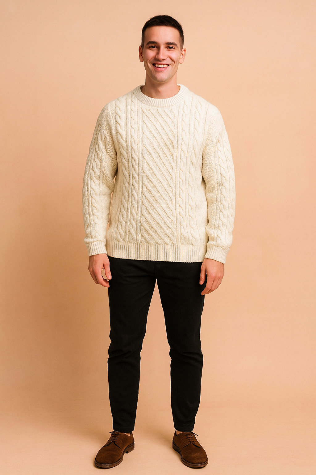 Comfortable men's knit long sleeve sweater, offering classic style and warmth for winter casual fashion.