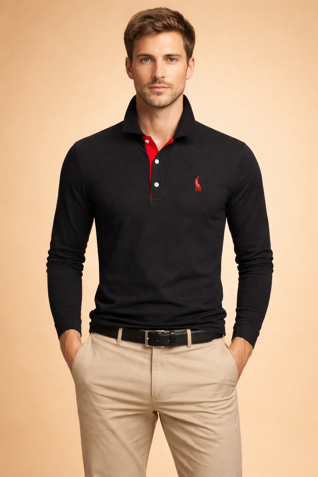 Men's classic long sleeve polo shirt, tailored fit for smart casual and everyday wear, comfortable cotton.