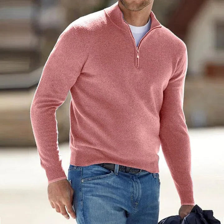 Men's classic quarter-zip knitted sweater in a solid color, perfect for smart casual and everyday layering.