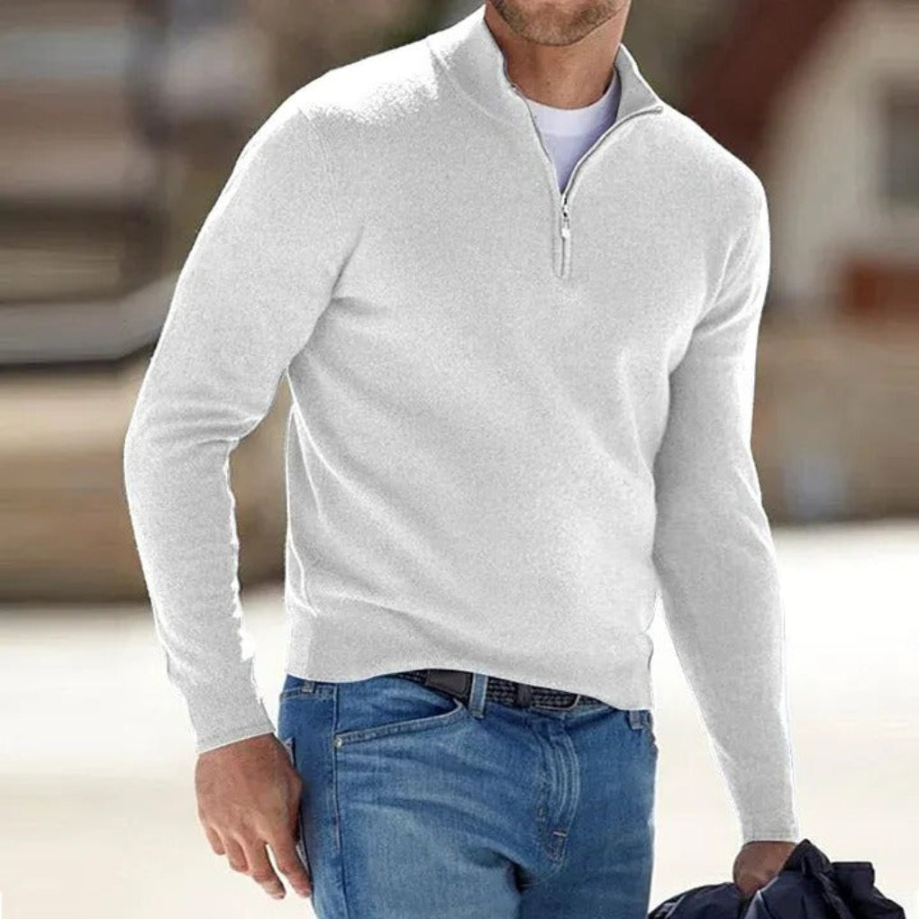 Close-up of a men's stylish quarter-zip pullover sweater, showing fine knitted texture and collar detail.